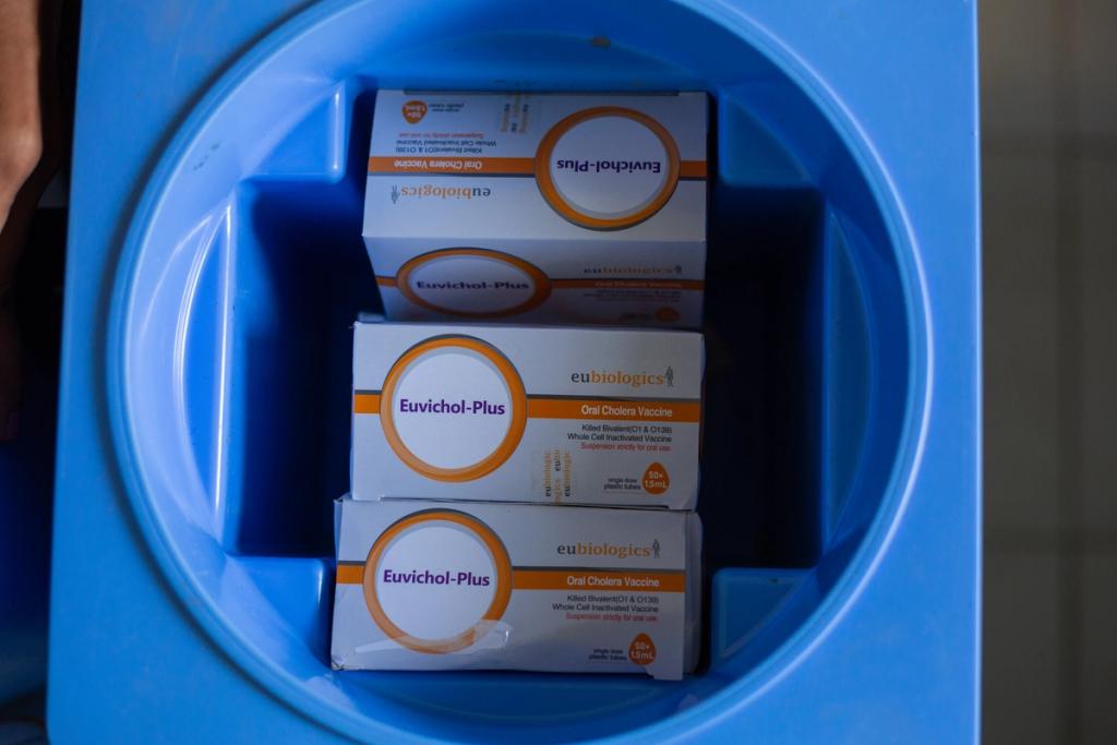 Boxes of Euvichol-Plus oral cholera vaccine stored inside a blue cold-chain container