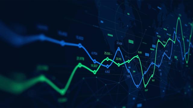 Glowing blue and green line graphs with numbers over a dark world-map backdrop