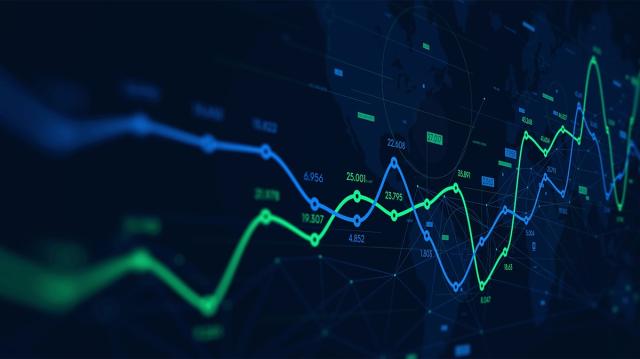 Glowing blue and green line graphs with numbers over a dark world-map backdrop