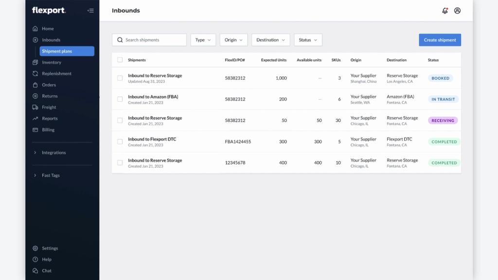 Video preview: Product demo walkthrough of the Flexport Manifest Seller Portal showing the Inbounds shipment-plans dashboard 