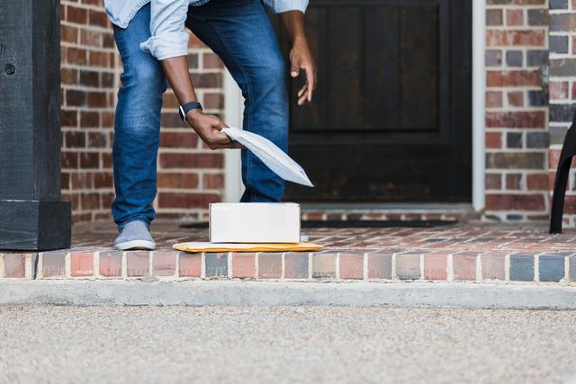 Person in jeans bending down to pick up a small white parcel and padded envelope from a brick front porch