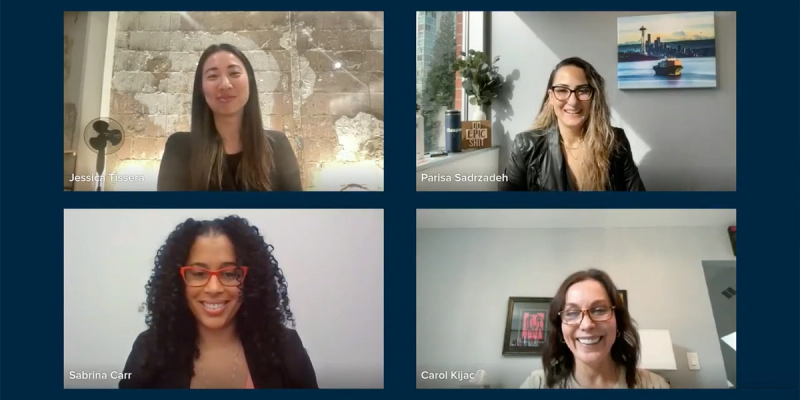Four-panel video call grid of four smiling women speakers labeled Jennifer, Pierina, Sabrina and Carol