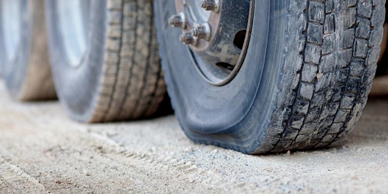 Close-up of worn dual rear truck tires resting on dusty ground