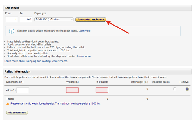Amazon Seller Central box labels panel with an arrow pointing to the Generate box labels button, above an empty Pallet information row.