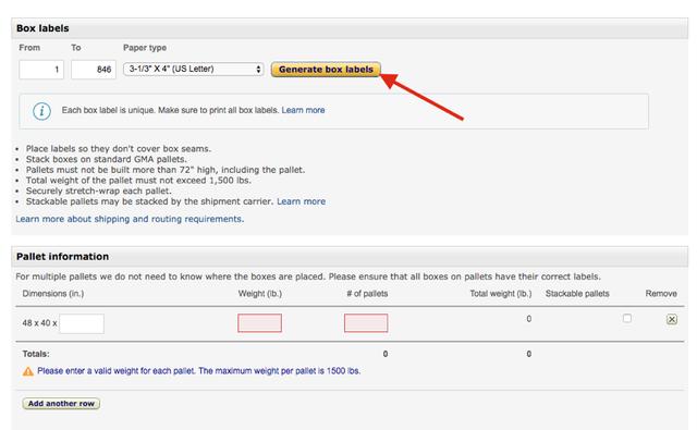 Amazon Seller Central box labels panel with an arrow pointing to the Generate box labels button, above an empty Pallet information row.