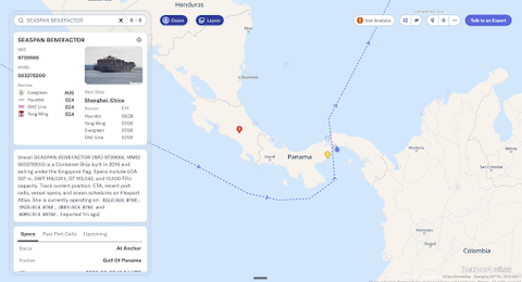 Flexport Atlas screenshot tracking container ship Seaspan Benefactor, at anchor in the Gulf of Panama with Shanghai, China as next stop, on a map of Panama and Central America.