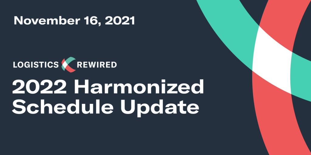 Logistics Rewired title card on dark navy with green and red ribbon graphic: 'November 16, 2021 - 2022 Harmonized Schedule Update'