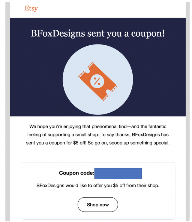 Email coupon mockup: BFoxDesigns sent you a coupon for $5 off with a Shop now button
