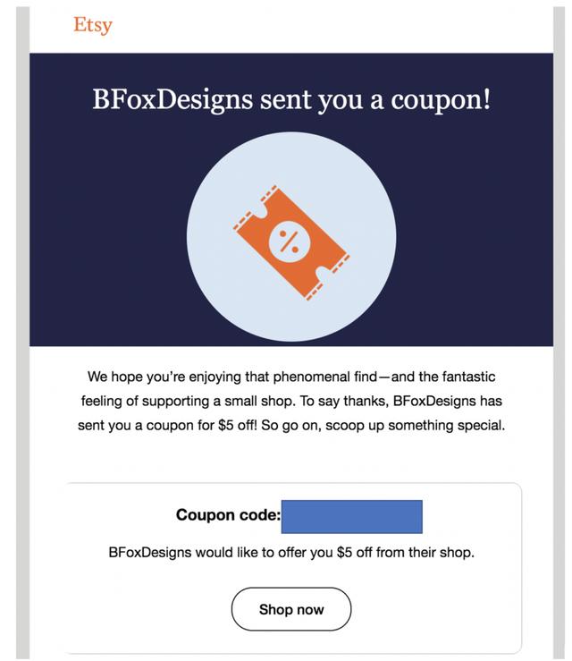 Email coupon mockup: BFoxDesigns sent you a coupon for $5 off with a Shop now button