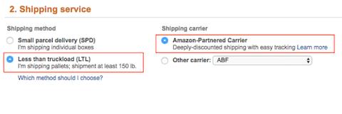 Amazon Seller Central shipping service step with Less than truckload (LTL) and Amazon-Partnered Carrier selected for pallet shipments
