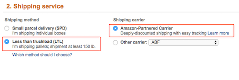 Amazon Seller Central shipping service step with Less than truckload (LTL) and Amazon-Partnered Carrier selected for pallet shipments