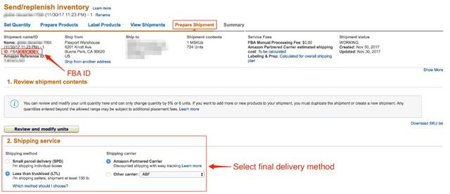 Amazon Seller Central Prepare Shipment page with the redacted FBA ID field and Shipping service section annotated to select the final delivery method