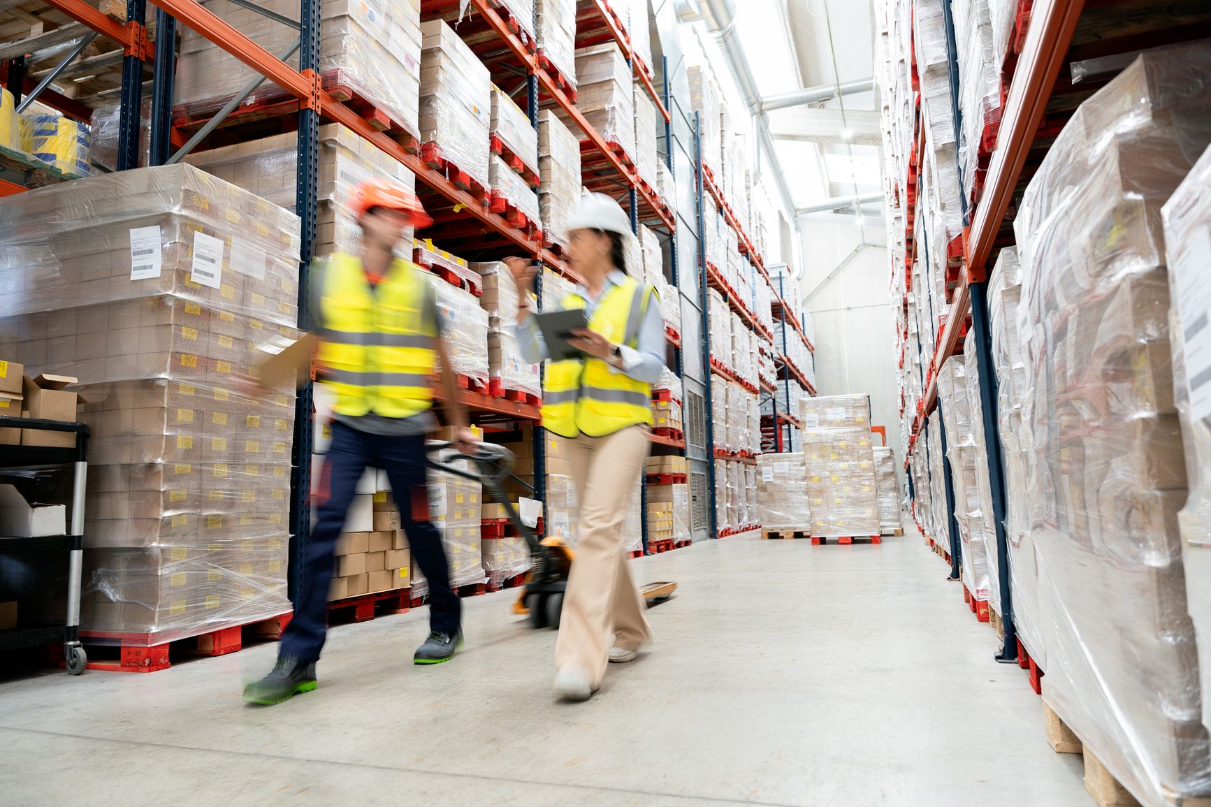 Warehouse workers walking between shelves of stacked packaged goods in a storage facility.