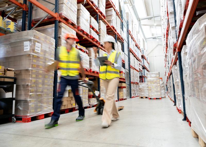 Warehouse workers walking between shelves of stacked packaged goods in a storage facility.