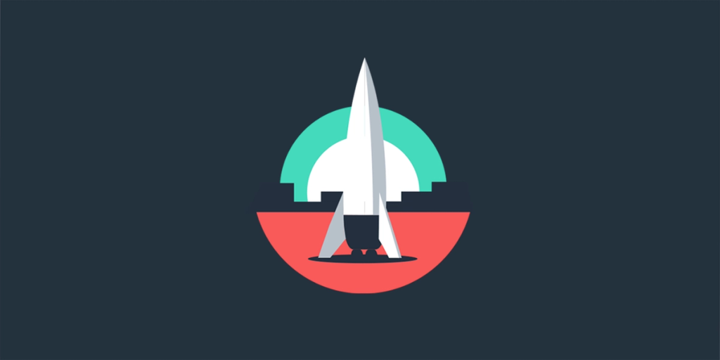 Flat illustration of a rocket on a launch pad within teal and red half-circles on dark navy