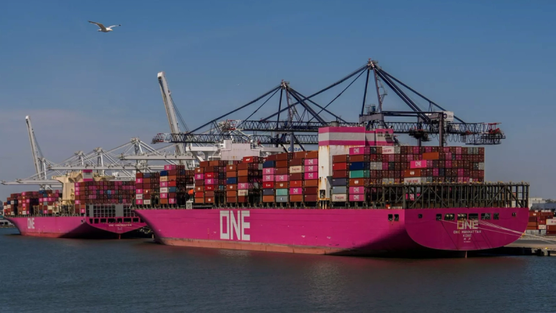 Pink ONE container ship loaded with stacked shipping containers docked beneath port cranes under a clear sky