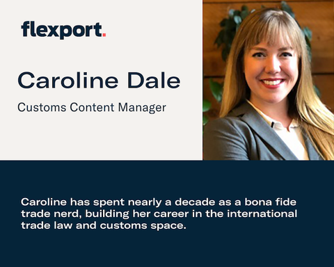 Flexport newsletter header card for Caroline Dale, Customs Content Manager, with photo and bio about her trade-law career