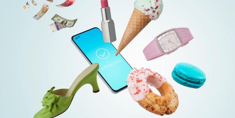 Smartphone showing an Approved checkmark surrounded by floating money, lipstick, ice cream, shoe and pastries