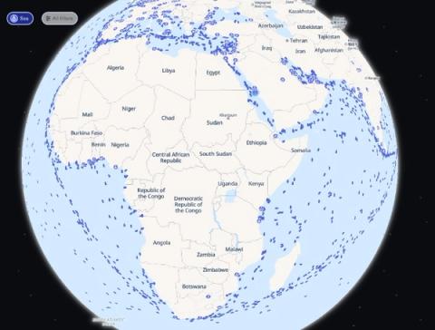 Marine traffic map of the globe over Africa and the Middle East with clustered blue vessel markers