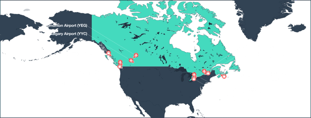 Map of North America highlighting Canada with route lines and airport pins for Edmonton (YEG) and Calgary (YYC)