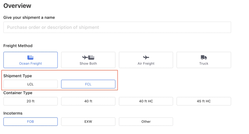Flexport quote request Overview step with Ocean Freight selected and the LCL/FCL Shipment Type toggle highlighted in red, FCL chosen.