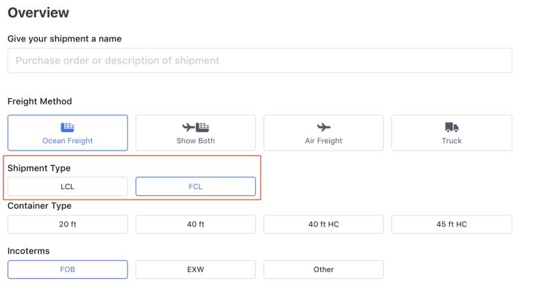 Flexport quote request Overview step with Ocean Freight selected and the LCL/FCL Shipment Type toggle highlighted in red, FCL chosen.