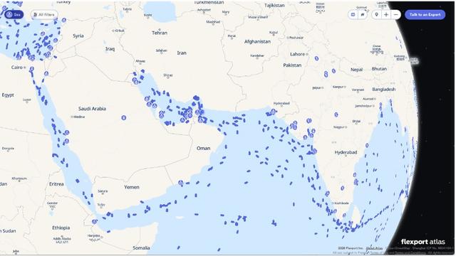 Flexport Atlas map showing vessel positions across the Persian Gulf, Arabian Sea and Red Sea