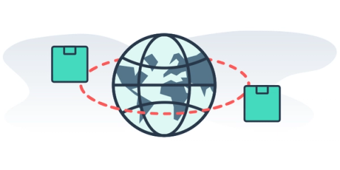 A wireframe globe encircled by a dashed route line, flanked by two shipping cartons.