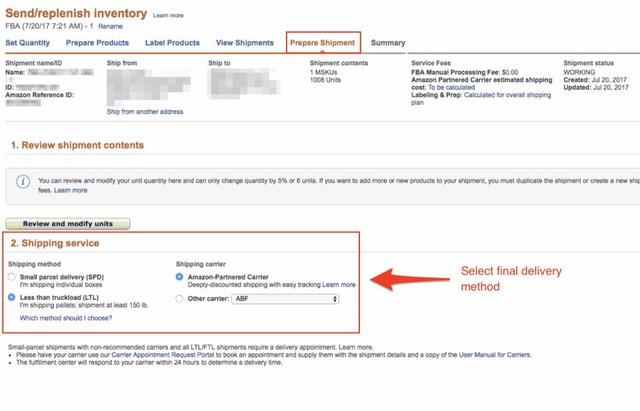 Amazon Seller Central Prepare Shipment page with Shipping service section highlighted and an arrow pointing to select the final delivery method