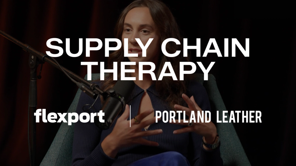 Supply Chain Therapy title card — a still from the episode with the Flexport and Portland Leather logo lockup