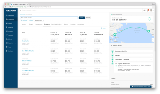 Flexport shipment dashboard showing product costs, route details and an ocean map to a Los Angeles warehouse