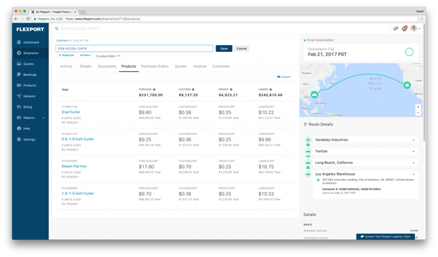 Flexport shipment dashboard showing product costs, route details and an ocean map to a Los Angeles warehouse