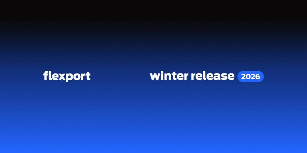 Flexport "winter release 2026" wordmark and pill badge on a black-to-blue gradient background