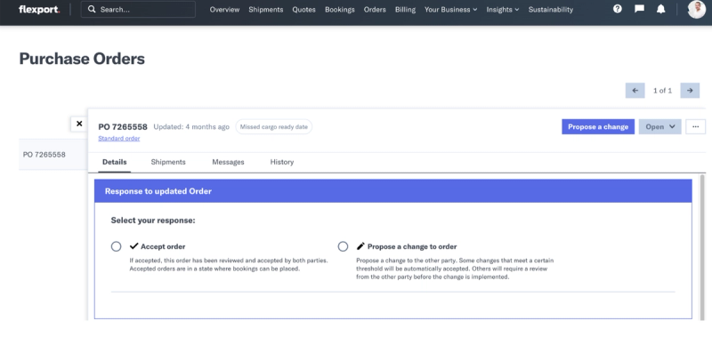 Flexport Platform Purchase Orders detail view showing order status, response, and messaging tabs
