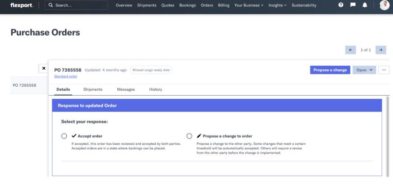 Flexport Platform Purchase Orders detail view showing order status, response, and messaging tabs
