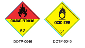 Two dangerous goods hazard placards: Organic Peroxide (Class 5.2) and Oxidizer (Class 5.1), with DOTP label codes