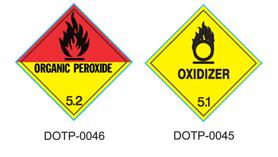 Two dangerous goods hazard placards: Organic Peroxide (Class 5.2) and Oxidizer (Class 5.1), with DOTP label codes