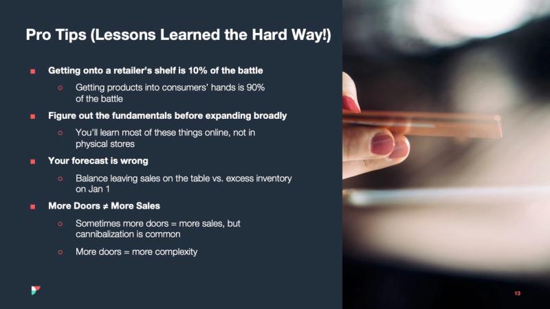 Presentation slide Pro Tips Lessons Learned the Hard Way with retail bullet points beside a hand holding a phone