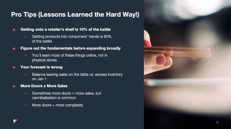 Presentation slide Pro Tips Lessons Learned the Hard Way with retail bullet points beside a hand holding a phone