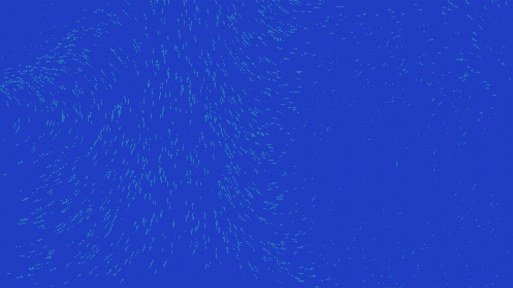 Abstract cyan particle flow field on a blue background
