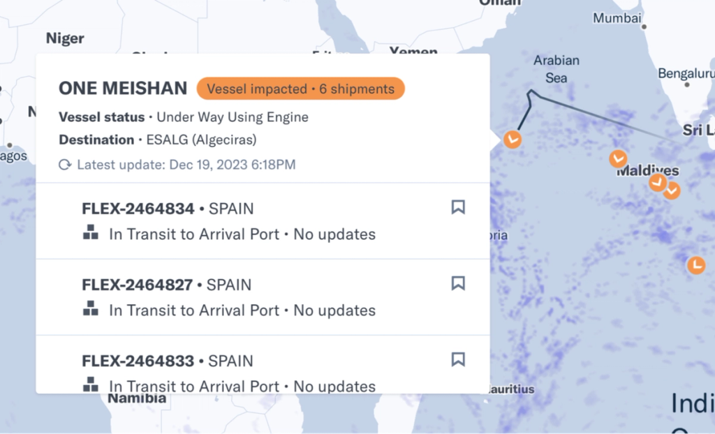 Flexport tracking card for vessel ONE MEISHAN flagged vessel impacted with 6 shipments to Spain