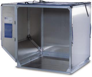 An empty aluminum air cargo container (ULD) with an open front, metal floor and walls, and a documentation pouch on the side panel