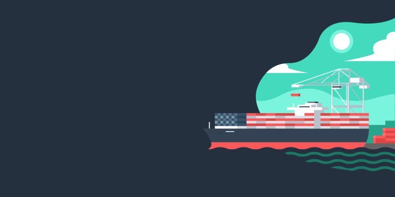 Flat illustration of a container ship flying a US flag at a port with a gantry crane under a teal sky