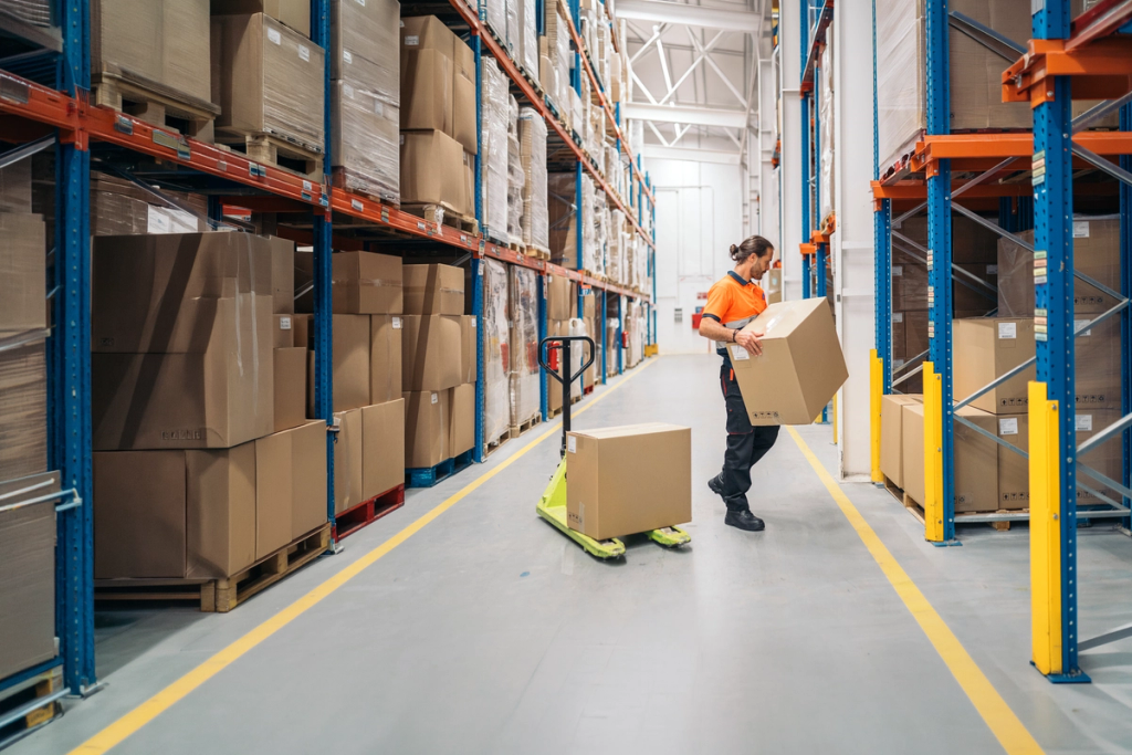 Warehouse worker carrying a cardboard box while checking inventory on a clipboard.
