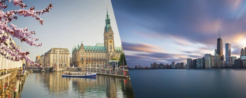 Split image: Hamburg city hall and harbor with cherry blossoms beside the Chicago waterfront skyline