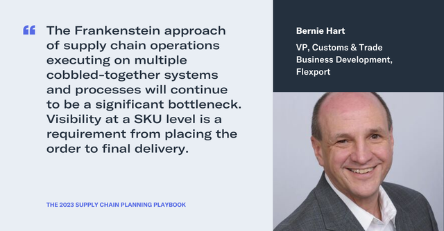 Quote card from Bernie Hart, VP Customs & Trade, Flexport, on the Frankenstein approach to supply chain