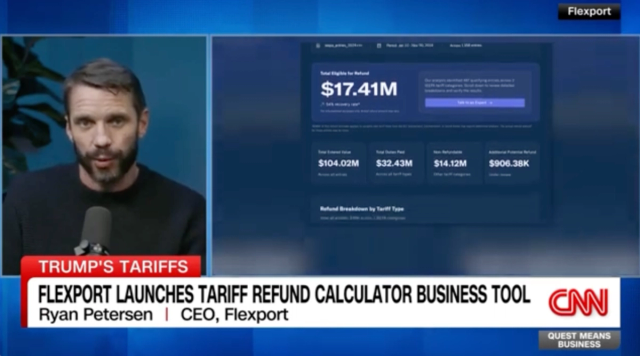 CNN broadcast of Flexport CEO Ryan Petersen in an interview, with a tariff refund calculator dashboard and chyron on tariffs