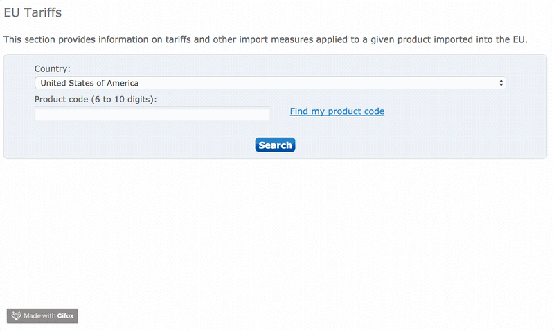 EU Tariffs lookup form with Country dropdown set to United States of America, product code field and Search button