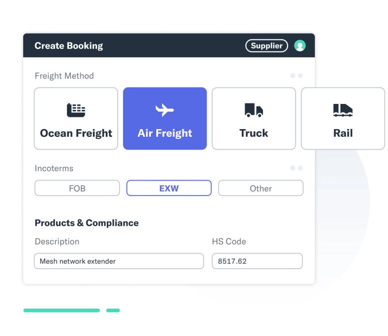 Flexport platform Create Booking screen with Air Freight method and EXW Incoterm selected