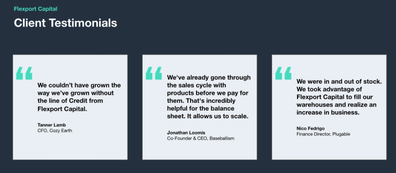 Flexport Capital client testimonial cards from Cozy Earth, Baseballism, and Plugable executives